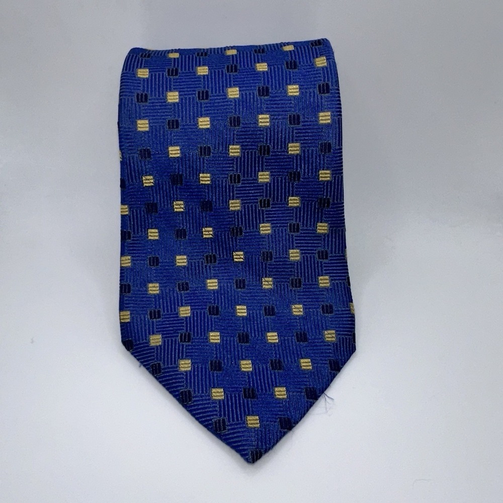 Tommy Hilfiger Mens 100% Silk Tie Blue Gold Geometric 58x3.5 Made in USA